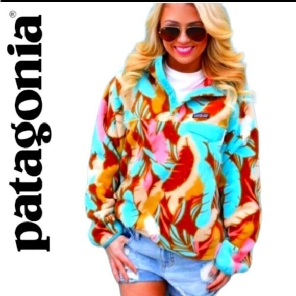 PATAGONIA XS BLUE TOURQUOISE TEAL PINK BROWN  FEATHER DANCE PRINTED  SYNCHILLA - Picture 15 of 15
